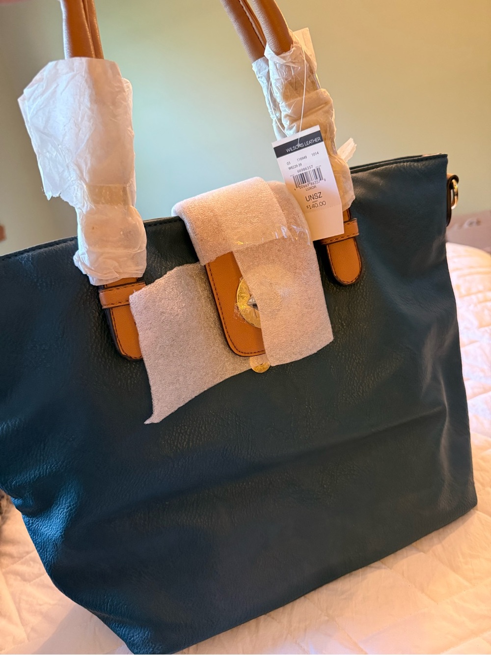 Wilsons Leather Teal Tote with Tan Handles